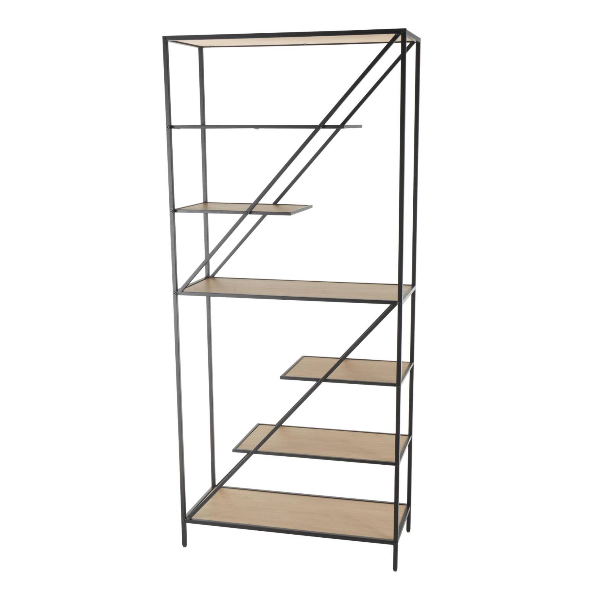 71" x 32" Brown Wooden Diagonal Angled 6 Shelf Storage Shelving Unit with Black Metal Frame